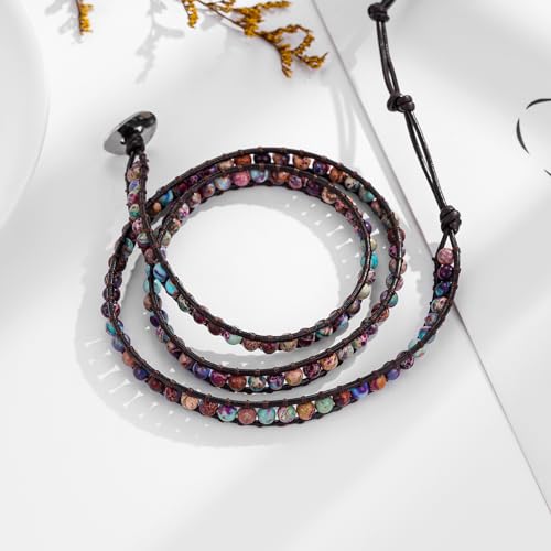 Plumiss Women Boho Handmade Natural Stone Crystal Leather Bead Wrap Bracelets Collection - style: 4mm Purple Blue Jasper