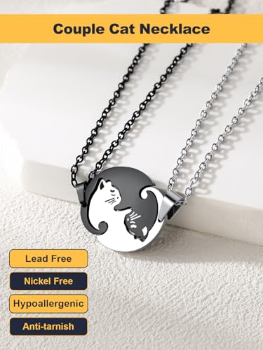 U7 Cat Pendant Necklace for Women Stainless Steel Cute Kitty Cat Jewelry Gift - style: 02-Round Cat Set-Steel+Black(Customized)