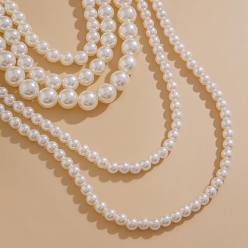 Chunky Long Layered Pearl Necklaces for Women 1920s Multi Strand Layering Faux Pearls Pendant Necklace Vintage Large Stack Statement Jewelry