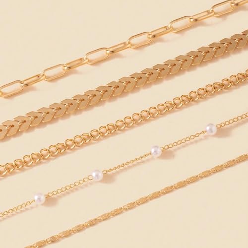 Fesciory 14K Gold Plated Ankle Bracelets Sets For Women, Adjustable Layered Infinite Anklet, Summer Beach Butterfly Star Foot Chain Jewelry Gifts - style: Pearl(Gold)