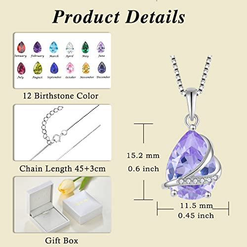 Birthstone Pendant Necklace 925 Sterling Silver Teardrop Jewelry for Women - color: Light Lavender
