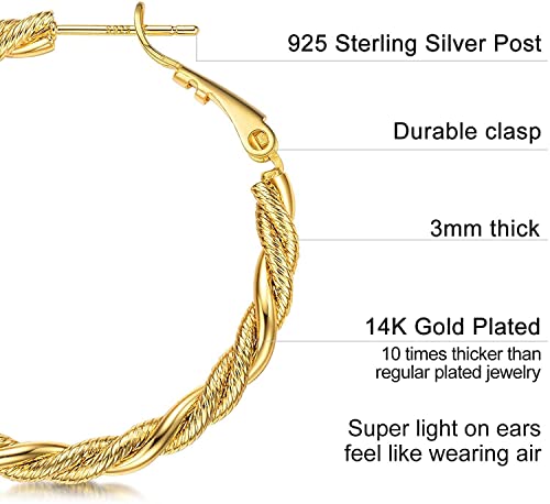 AllenCOCO Gold Hoop Earrings for Women, 18K Gold Plated Twisted Rope Design, Textured Thin Round Hoops with Sterling Silver Post Hypoallergenic 20-70mm - size: 40mm