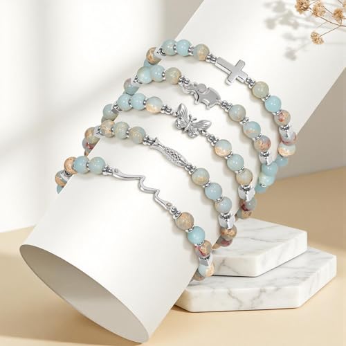 Natural Stone Stretch Bracelet for Women - Holy Water Elastic Cross Bracelet | Christmas Christian Baptism Gift, Meaningful Gifts, Unique Gift for Friends Mom Daughter Sister - style: cross-Sweet 16
