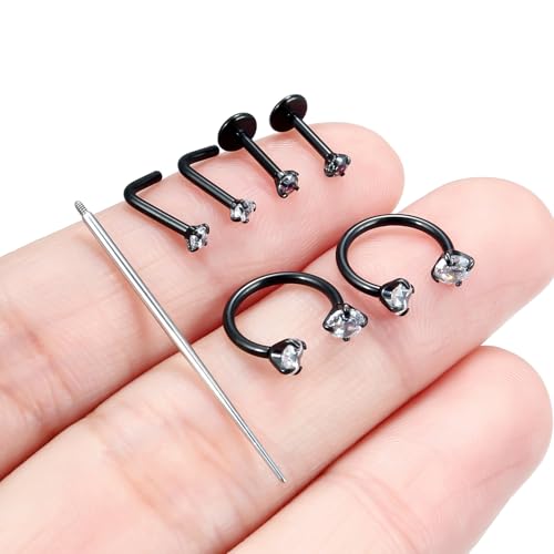 Horseshoe Nose Ring 18G Internally Threaded Nose Rings Hoops Surgical Steel Half Double Cubic Zirconia Nostril Studs Lip Eyebrow Helix Daith Ear Piercing Jewelry For Women - color: black