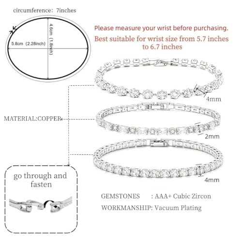 3Pcs Women Stackable 14K Gold Plated Tennis Bracelet with Colorful CZ | Dainty Classic Everyday Jewelry 14K Gold Plated Colorful Cubic Zirconia Tennis Bracelet Created Diamond for Wedding 7 inches - color: gold red
