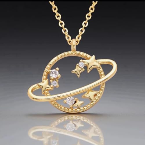 Planet Necklace for Women Gold-Plated Adorned with Saturn Earth Moon and Star Pendants Paired with a Medallion Pendant and Paperclip Chain Choker Adjustable Chain Length Jewelry Gift for Birthdays Dances and Parties - style: Planet