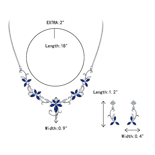 Crysdue Flower Leaf Wedding Jewelry Set for Bridal Bridemaid, Cubic Zirconia Teardrop Elegant Silver/14K/Rose Gold Plated Vine Necklace Dangle Earrings for Prom Party - style: A_Blue