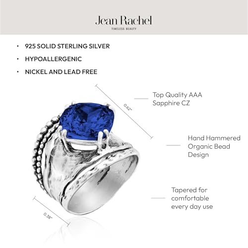 JEAN RACHEL JEWELRY 925 Sterling Silver Prong Solitaire Ring | Raised crown engagement style ring mounting a precision faceted brilliant Cubic Zirconia solitaire over stacked silver rows. - color: Sapphire CZ