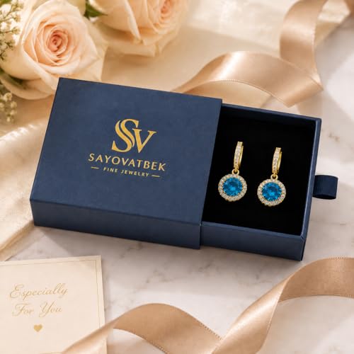 14K Gold Plated Hoop Dangle Earrings for Women, Hypoallergenic Colorful Cubic Zirconia Drop Earrings, Lightweight Huggie Earrings for Women - color: Gold/Aquamarine Blue