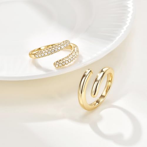 Stackable Gold Rings Set for Women - 14K Gold Plated Cubic Zirconia Adjustable Open Bands, Dainty Trendy Stacking Rings, Anniversary Christmas Birthday Jewelry Gift for Her