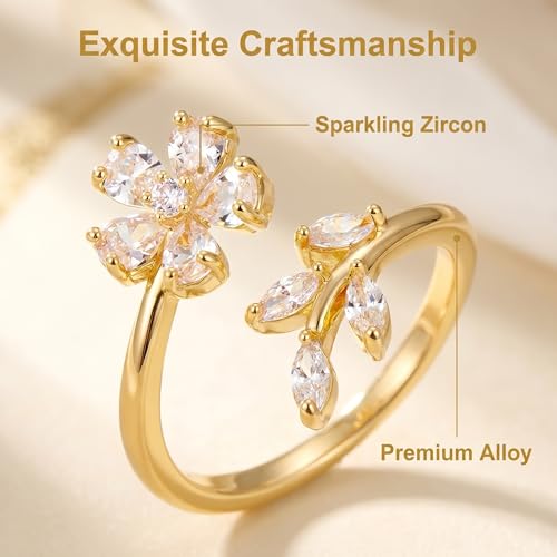 Ladies' Alloy Flower Leaf Open Ring, Silver Tone with Crystal Accents, Adjustable - color: Gold