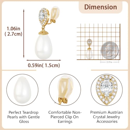 Teardrop Austrian Crystal & Pearl Drop Earrings,14K Gold Plated Elegant Dangle Earrings for Women, Bridal Wedding Jewelry Gift - color: Gold/Clip