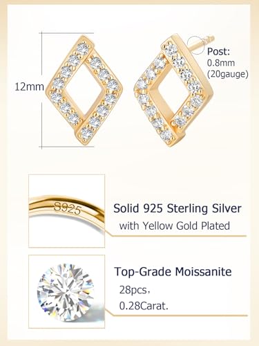 All Moissanites Sparkly Geometric Stud Earrings for Women, Solid 925 Sterling Silver with Rhodium/Gold Plated Hypoallergenic, Lightweight Comfy Earrings - color: Square - Yellow Gold
