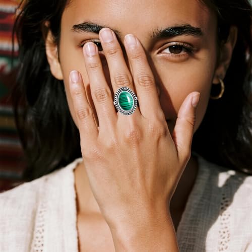 Retro Sterling Silver Stone Ring,Antique Natural Real Oval Crystal Quartz Gemstone Boho Bohemian Ring Jewelry for Women - color: A20_Malachite