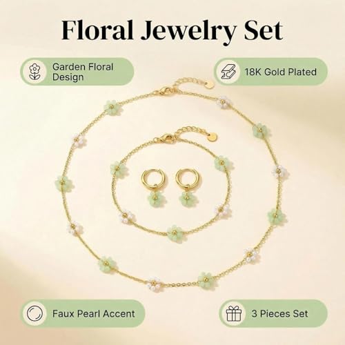 Daisy Pearl Jewelry Set for Women, 14K Gold Plated Stainless Steel Necklace Bracelet Earring 3 Piece Set, Dainty Pearl Choker Flower Necklace Birthday Gift for Her - color: Fruit Green + Pearl White