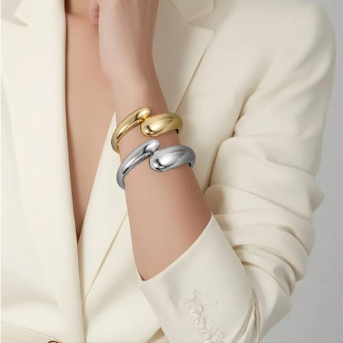 Emibele Cuff Bracelet Stack, 18K Gold-plated Open Bangle Bracelet, Teardrop Hinged Thick Wrist Chunky Bracelet Set for Women, Non Tarnish Jewelry Gift, 2 Pack - color: Gold + Silver