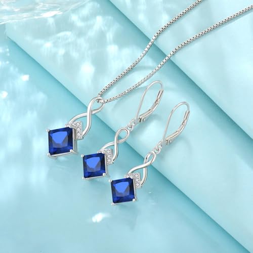 Infinity Necklace 925 Sterling Silver Princess Cut Pendant Birthstone Jewelry for Women - color: Royal Blue
