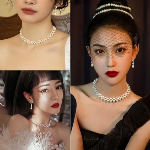 S SUSANN Costume Layered Twisted Gold Pearl Necklace Choker Chunky Glass Statement Pearl Necklace and Earring set, good gift for women Faux pearl necklace set - style: Hand weaved floral choker set
