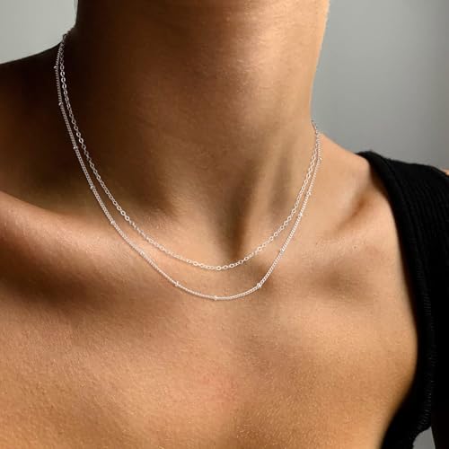 Dainty Sterling Silver Plated Diamond Choker Necklace for Women | Layered Created Diamond Pendent Necklace Set Non Tarnish, Stackable Cuban Chain Choker Jewelry - color: Gold-02