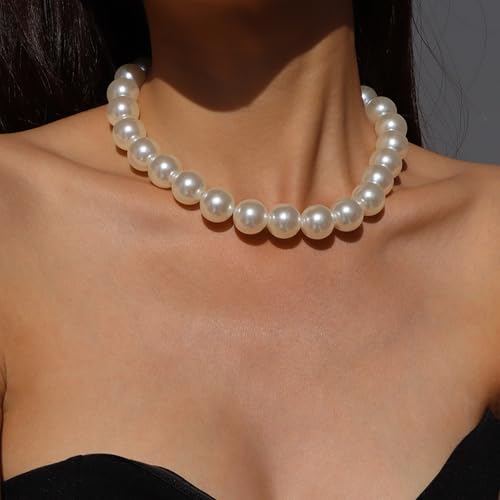 Chunky Pearl Choker Necklace - Stackable Statement Wedding Party Jewelry Gift - size: 12mm pearl