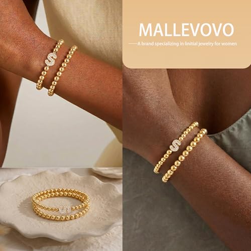 Initial Stack Bracelet Set for Women Trendy 14K Gold Plated Beaded Stackable Stacking Stretch Name Bracelets Dainty Friendship Waterproof Charm Cute Birthday Jewelry Gifts for Women - color: Initial S