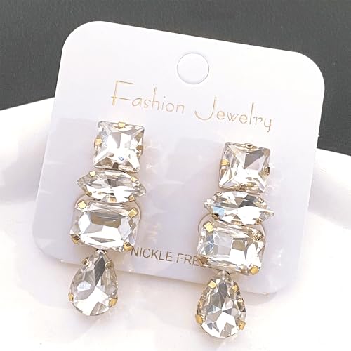 Dainty Sparkly Crystal Square Teardrop Circle Dangle Drop Earrings Long Chic Glitter Rhinestones Geometry Stud Earrings For Women - style: White