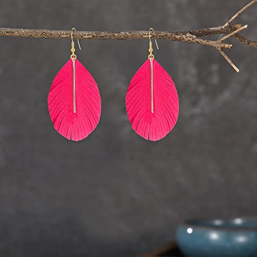 GBAHFY Feather Leather Layered Fringe Earrings for Women Boho Genuine Lightweight Leather Leaf Tassel Dangle Statement Earrings with Metal Bar - color: Rose Red