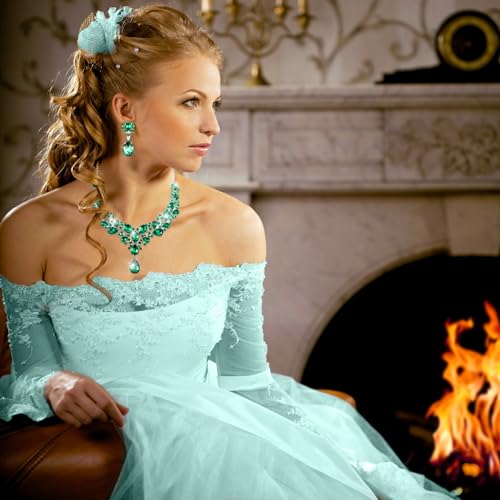 Hicarer Bridal Teardrop Cluster Crystal Jewelry Set for Women Necklace Earrings Wedding - color: Malachite Green