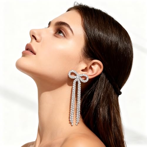 Rhinestone Earrings Dangling for Women Sparkly Silver Dangle Earrings Girls Long Chandelier Earrings Tassel Lightweight Ear Studs Cubic Zirconia (KE001S-W) - color: Bow 516286S Silver Clear
