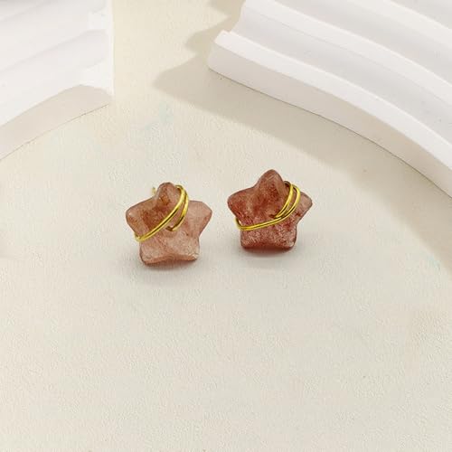Raw Gemstone Star Stud Earrings for Women Handmade Star Chakra Healing Crystal Earrings Amethyst Raw Rose Quartz Gemstone Prong Stud Earrings Birthstone Jewelry Gift Ideas - color: Strawberry Crystal