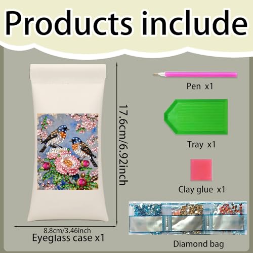 Diamond Art Painting Eye Glass Bag PU Sunglasses Glasses Storage Bag Built-in Glasses Cloth Press Automatic Closure - color: Birds