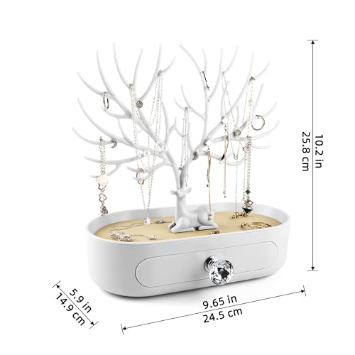 MORE&LESS Antlers Jewelry Display Stand with Drawer and Crystal Handle, Tree Tower Rack Hanging Organizer for Ring Earrings Necklace Bracelet - color: C White-Drawer-Crystal Handle