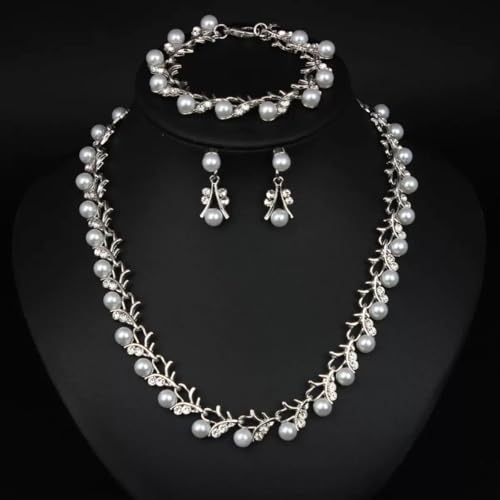 Bridal and Bridesmaid Pearl and Rhinestone Jewelry Set Crystal Necklace, Bracelet And Earrings Collection, Bohemian Adjustable Beaded Crystal for Women - style: Silver vine