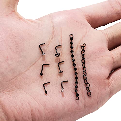 20G Stainlesss Steel Nose Rings Stud Nose Chain Piercing Across Double Nose Stud Womens Nostril Piercing Jewelry - color: L Shaped Black