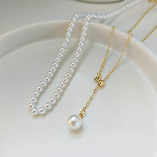 Luxval Lariat Gold Necklace for Women, Dainty Long Necklace 14k Gold Plated/Silver Y-Shaped Pendant Necklaces Trendy Beaded Chain Drop Necklaces Jewelry for Women Gifts - color: Gold-adjustable Pearl