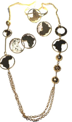 Gold Plated Africa Map Jewelry Set with Long Necklace, 4 Piece | Includes Ring & Earrings, Circle Pendant Design, Extra Chain Detail, Includes Bracelet, Gold Tone Finish