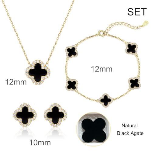 925 Sterling Silver Four Leaf Clover Bracelet β Real Silver Lucky Clover Jewelry for Women, Dainty Good Luck Gift for Her - color: Gold β Black Onyx Set