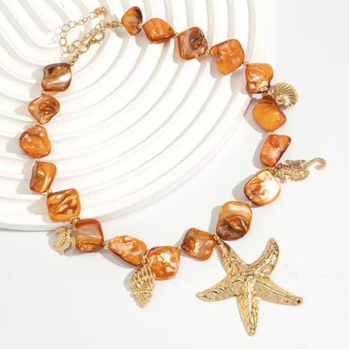 Boho Chunky Shell Necklace for Women Baroque Pearl Pendant Necklaces Irregular Shell Beaded Choker Necklace Trendy Vacation Jewelry Accessories - color: Brown2