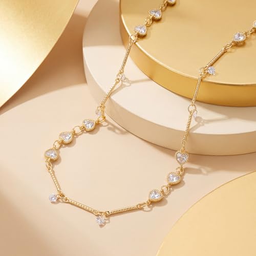 MTMY Gold Choker Necklace for Women, 14K Gold Plated Dainty Cubic Zirconia Cross Heart Shell Teardrop Charm Station Necklaces Trendy Summer Jewelry Gift - style: Love Heart