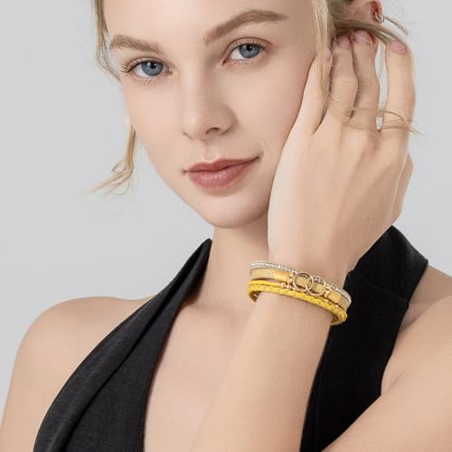 Chunky Boho Leather Wrap Bracelets Cowgirl Beaded Circle Western Jewelry | Stackable Infinity Layered Bohemian Magnetic Clasp Cuff Statement Fashion Colorful Country Hippie Outfits for Women Trendy - color: Yellow