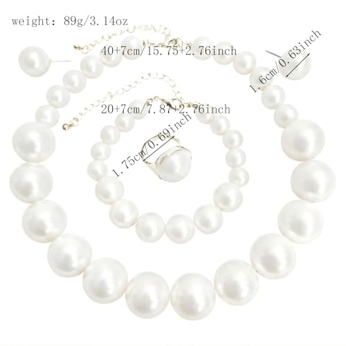 White Faux Pearl Necklace and Earrings Set Big Large Pearl Bead Ball Beaded Choker Necklace Black Pink Pearls Statement Bracelet Ring for Women - color: white