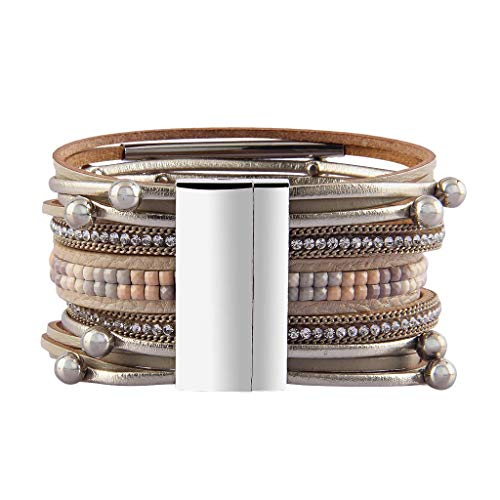 GelConnie Leather Wrap Bracelet Boho Cuff Bracelets Crystal Leather Bracelet Magnetic Multi Strand Bracelets Bohemian Bracelet Leather Wristbands Bangle Jewelry for Women Teen Wife Mother - color: LPB298-beige