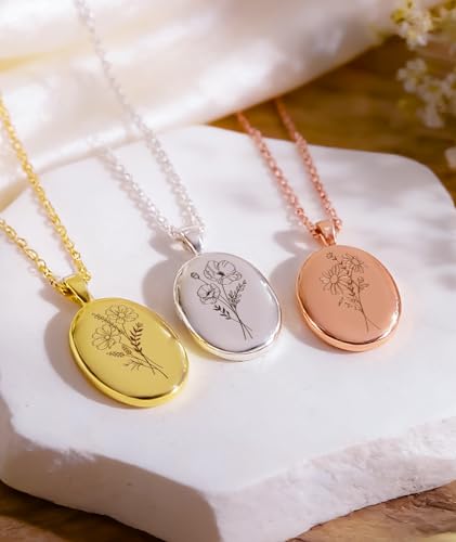 Personalized Locket Necklace for Women with Engraved Text & Picture | Custom Birthday Flower Locket Necklace Mothers Day Gift for Mom Mother Wife - color: Elliptic