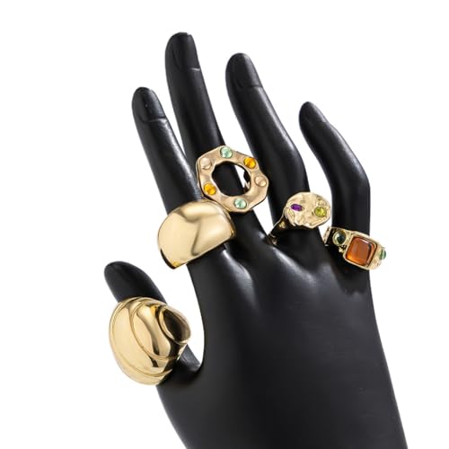 5Pcs Chunky Gold Rings for Women,Stackable Large Dome Knuckle Rings,Thick Gold Crystal Finger Rings Set Trendy Jewelry - color: Golden