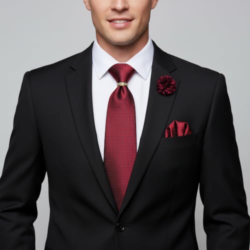 5PCS Mens Silk Tie, Pocket Square, Cufflinks, Drilled Tie Ring and Lapel Pin Set for Wedding Groom Party - color: Burgungy Tie Set -234