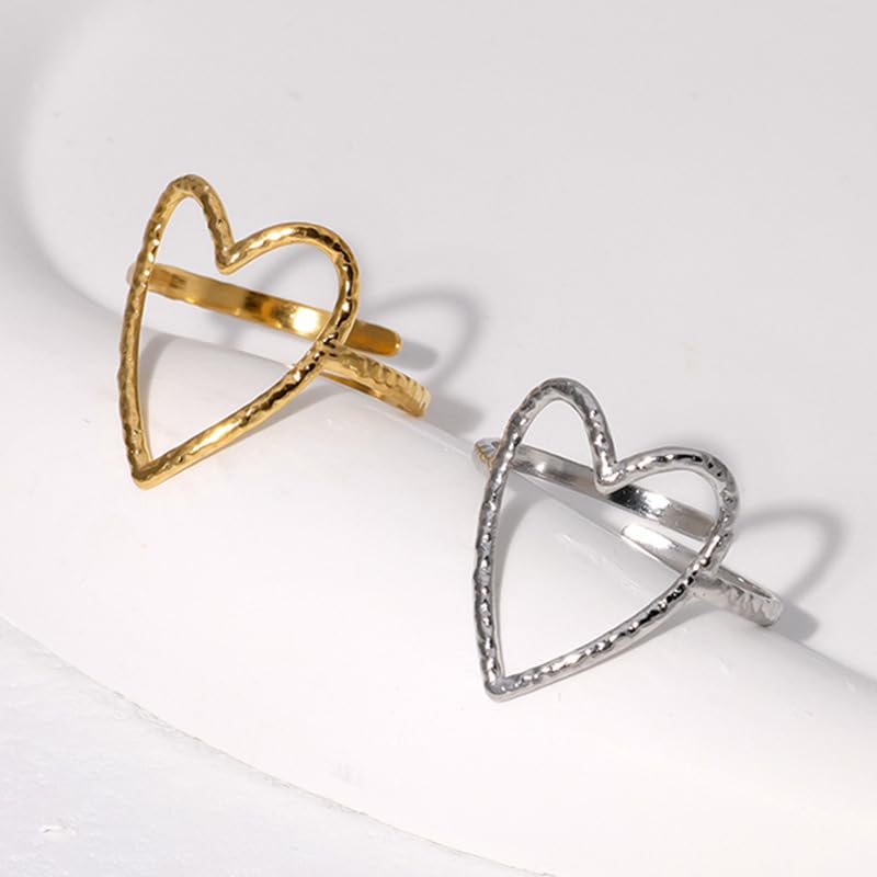Hollow Heart Titanium Steel Ring for Women Open heart shaped stainless steel ring Irregular Hammered Heart Adjustable index finger Ring - color: silver