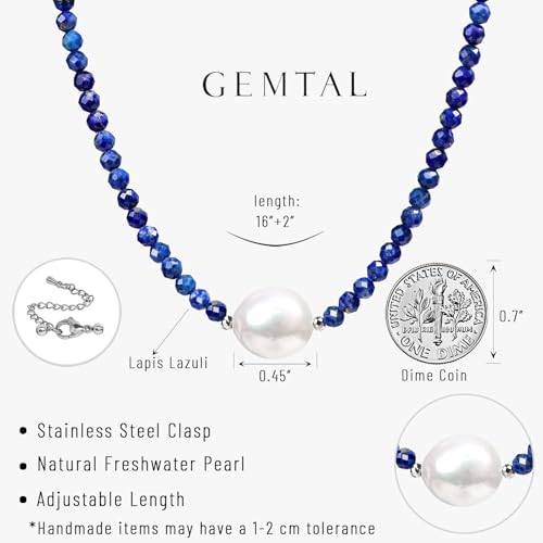 Single Pearl Choker Pendant Necklaces for Women, Natural Gemstone Womens Black Stone Beaded Choker Necklace, Dainty Round Freshwater Pearl Handmade Jewelry Gift Women Birthday Bridesmaids Anniversary 16 18 inch - color: 06-Lapis Lazuli, size: 16"