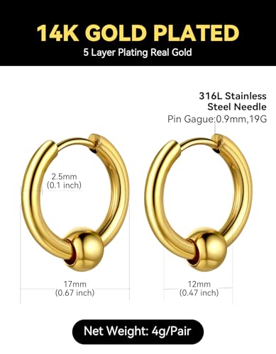 ChainsHouse Stud Earrings for Men Women,316L Stainless Steel/14K Gold/Black Plated Metal, Punk Hypoallergenic Surgical Huggie Hoop Earrings Mens Jewelry Piercing Hoop Earrings - style: B: Gold-Bead Hoop(1 Pair)