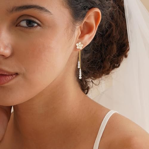 Dangle Earrings for Women Trendy, 14K Gold Plated CZ Huggie Drop Earrings, Dainty Long Chain Prom Wedding Jewelry Gift for Her - style: flower CZ