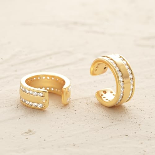 Women Ear Cuff Earring Gold Non Pierced Ear Cartilage Clip on Wrap Hoop 14K Gold Filled Tiny Boho Beach Simple Minimalist Delicate Handmade Hypoallergenic Jewelry Gift-Sold as Single/Pair - style: Band 2 Row CZ /Pair